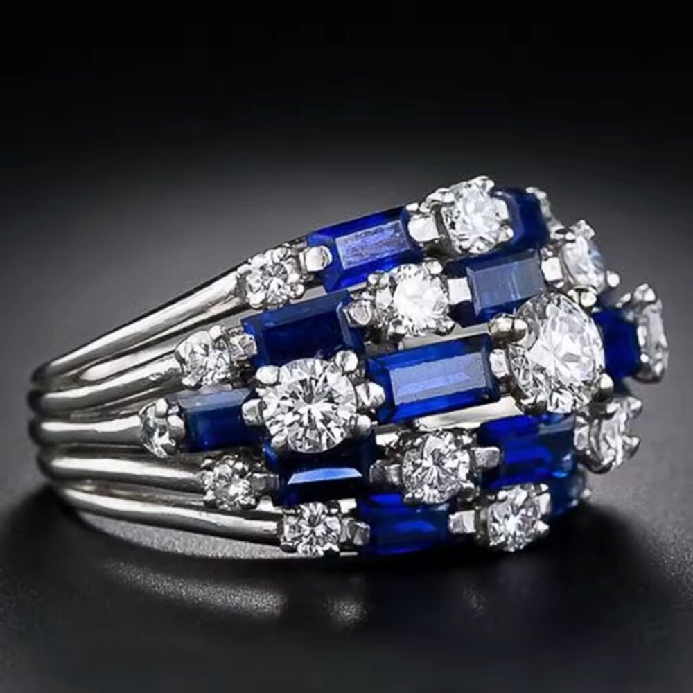 Blue Sapphire White CZ Silver Princess Diana Halo Ring